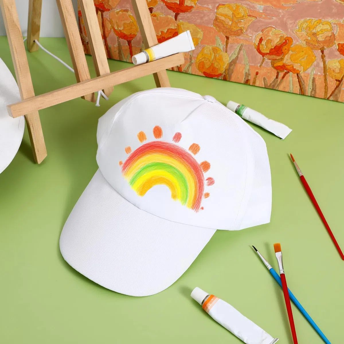 SHINEOFI 10er Set Kinder Kappen zum Bemalen, Weiße Basecap Blanko Baumwolle, Größenverstellbare Snapback für DIY Basteln, Sommercamp & Kindergeburtstag