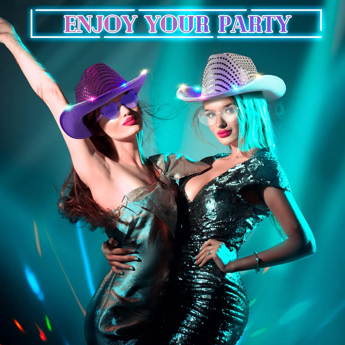 6 Stück LED Cowgirl Kostüm Zubehör Halloween Party Kostüm Rosa Cowboy Hut Weltraum Cowgirl Hut mit Herz Brille Bulk Cowboy Hüte Weiß Cowboy Hüte für Mädchen Frauen Geburtstag Halloween Leuchtparty,
