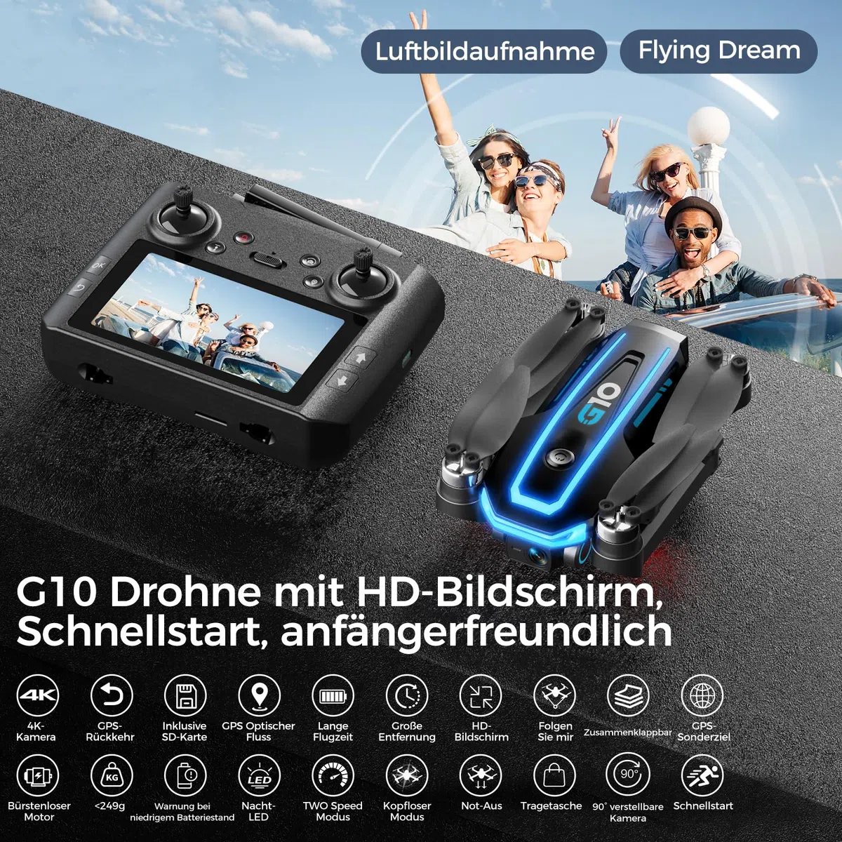 G10 GPS Drohne mit kamera 4K Erwachsene, 5G Drone mit Bildschirmfernsteuerung für Einsteiger und Kinder, RC Quadrocopter die dir folgt, Bürstenloser Motor, GPS Auto Rückkehr, Unter 249 g, C0