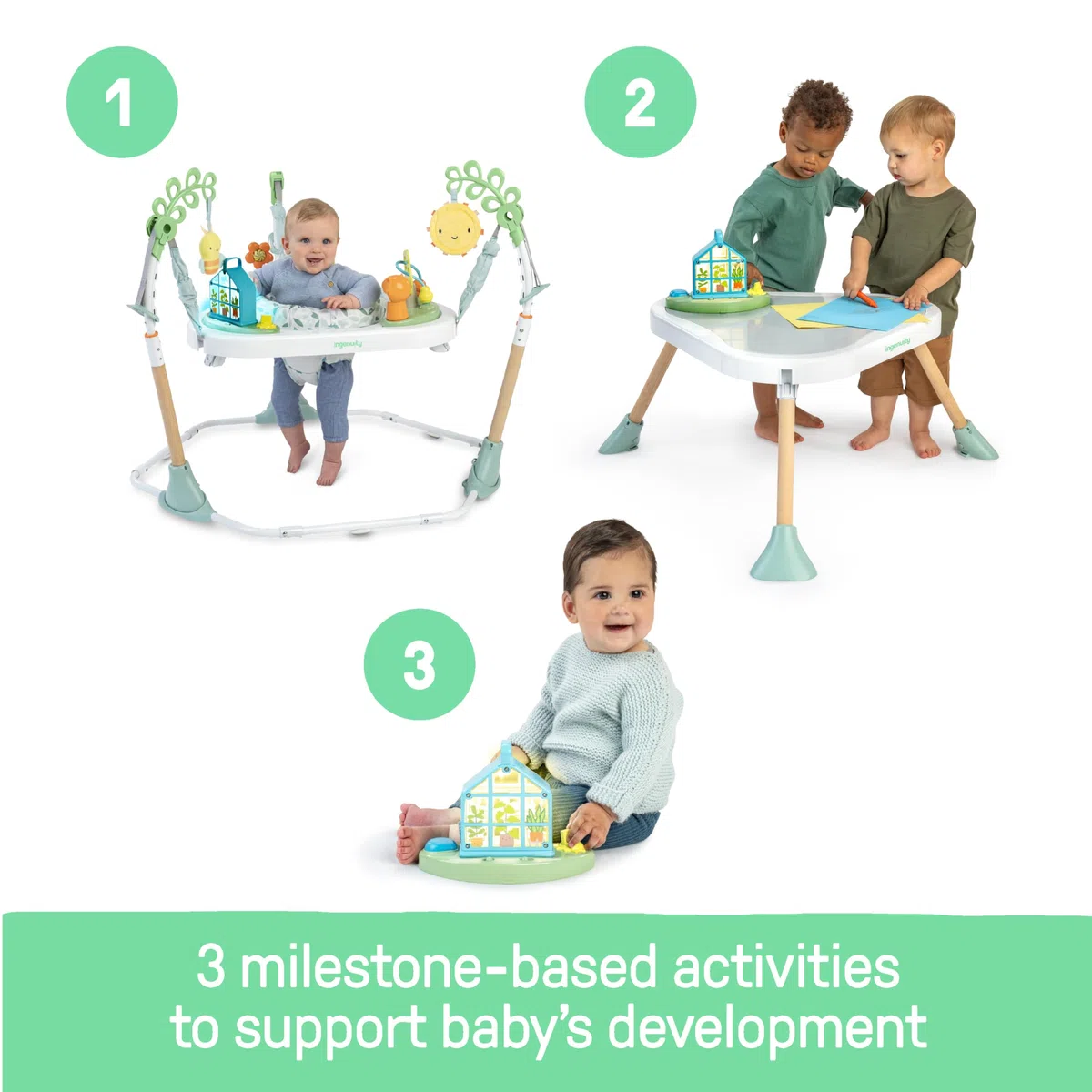 Ingenuity Play Stage 3-in-1 Aktivitätscenter und Springhilfe mit verstellbarer Höhe und Spieltisch