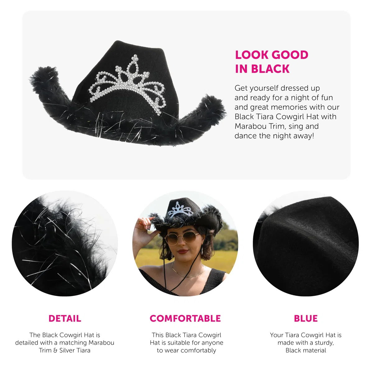 Diadem Cowgirl-Hut – Schwarzer Cowgirl-Hut mit Tiara-Dekoration und Marabu-Besatz – Erwachsenen-Musikfestival-Kostüm-Zubehör