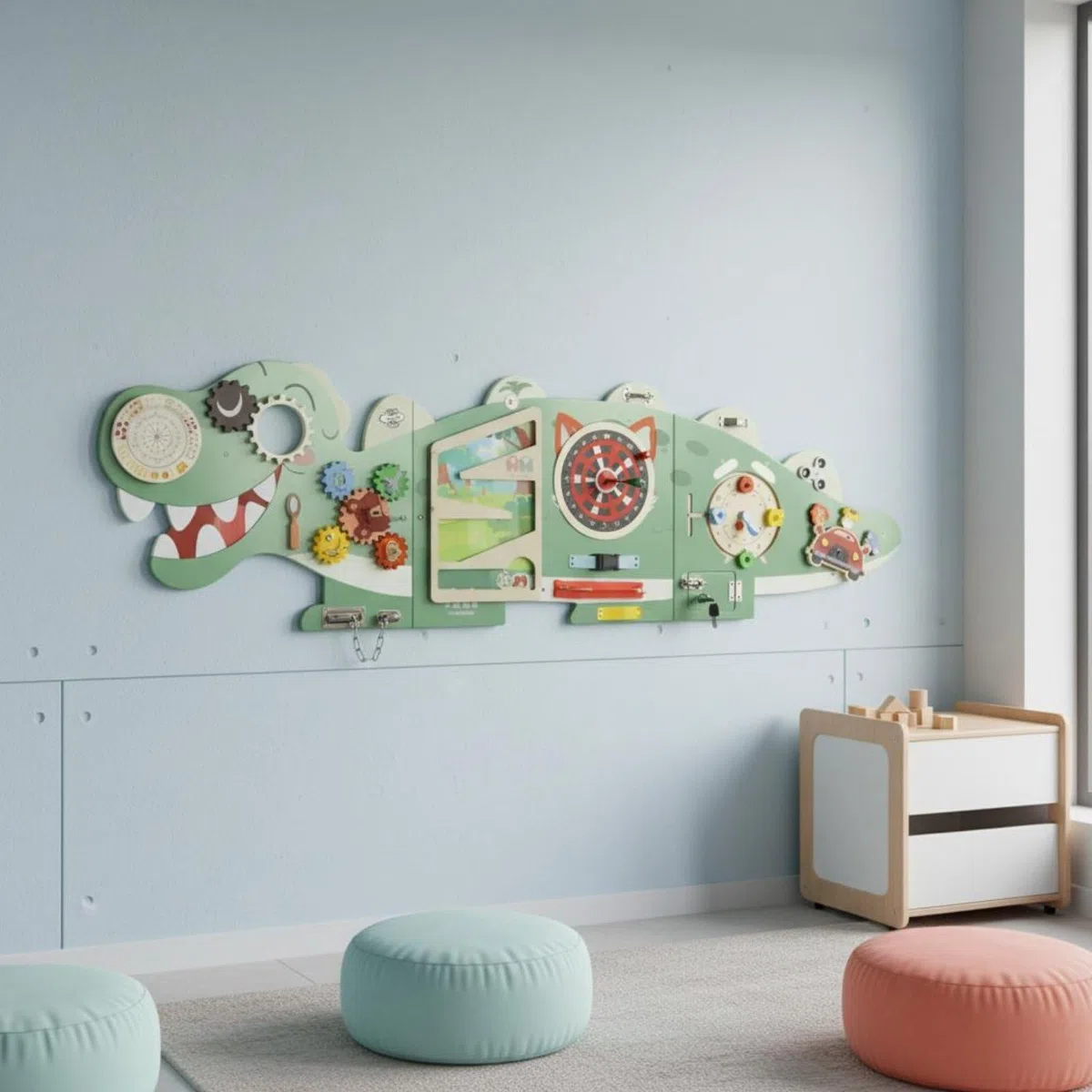 Kinder Wandspiel Dinosaurier Lernwand Busy Board Holz Aktivitätszentrum Wandlabyrinth mit Zahnrädern Riegel Drehknopf Fördert Hand Auge Koordination