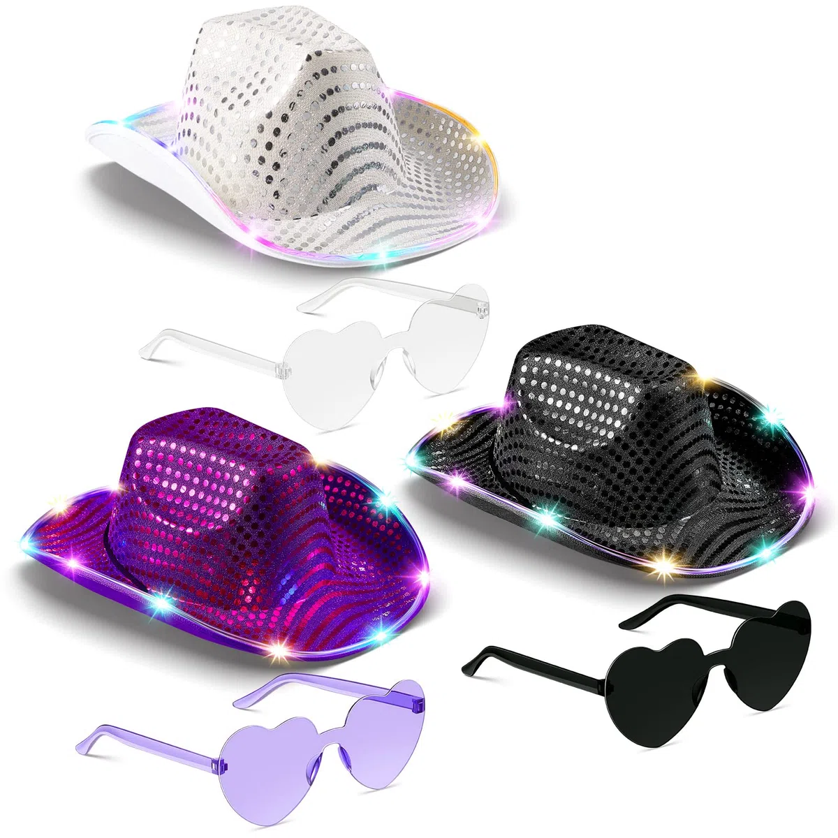 6 Stück LED Cowgirl Kostüm Zubehör Halloween Party Kostüm Rosa Cowboy Hut Weltraum Cowgirl Hut mit Herz Brille Bulk Cowboy Hüte Weiß Cowboy Hüte für Mädchen Frauen Geburtstag Halloween Leuchtparty,