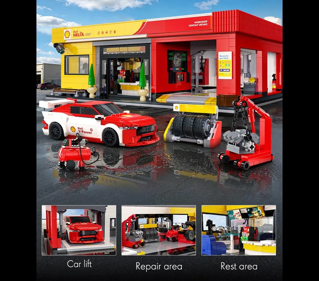 CaDA Shell Servicestation mit Auto - 1697-teiliger