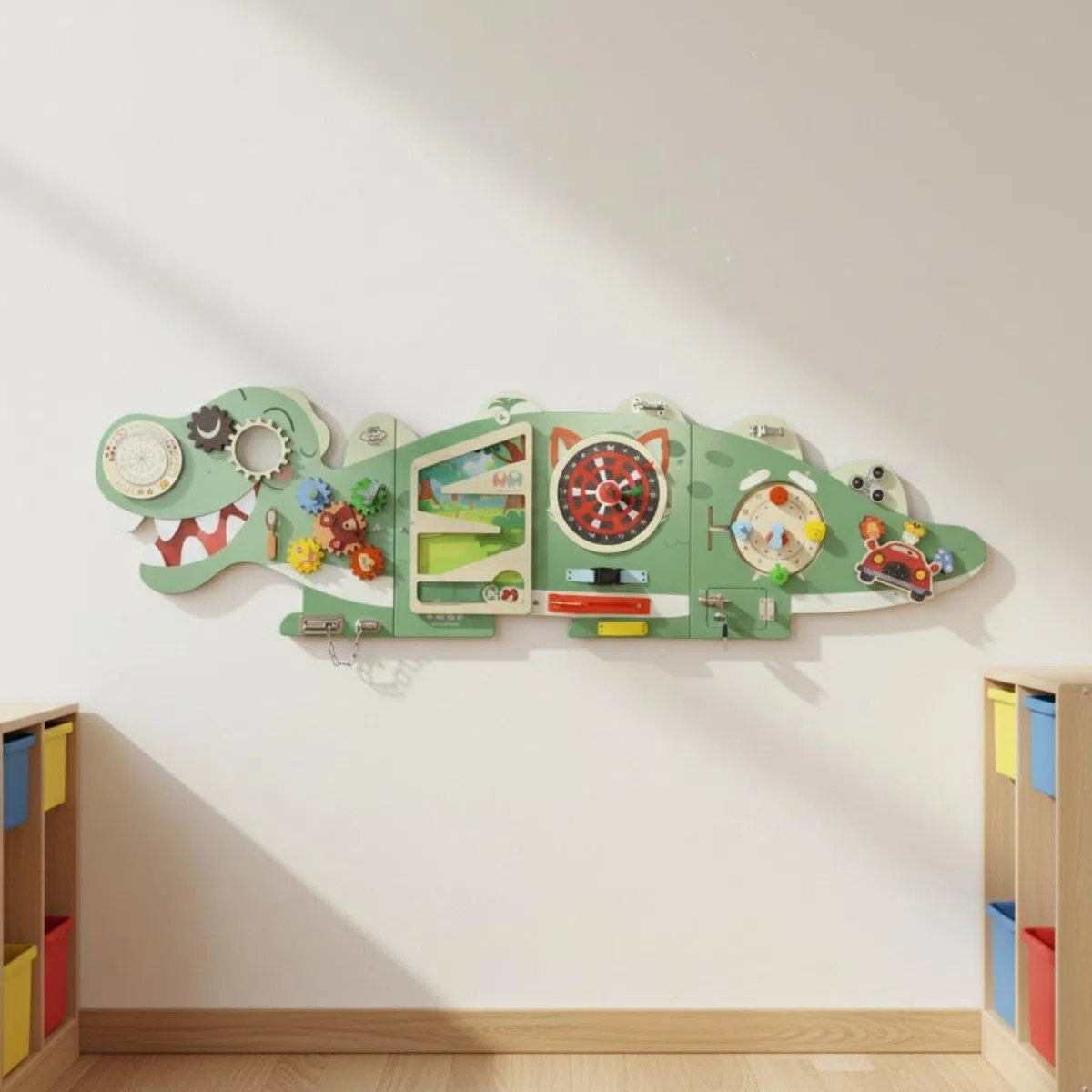 Kinder Wandspiel Dinosaurier Lernwand Busy Board Holz Aktivitätszentrum Wandlabyrinth mit Zahnrädern Riegel Drehknopf Fördert Hand Auge Koordination