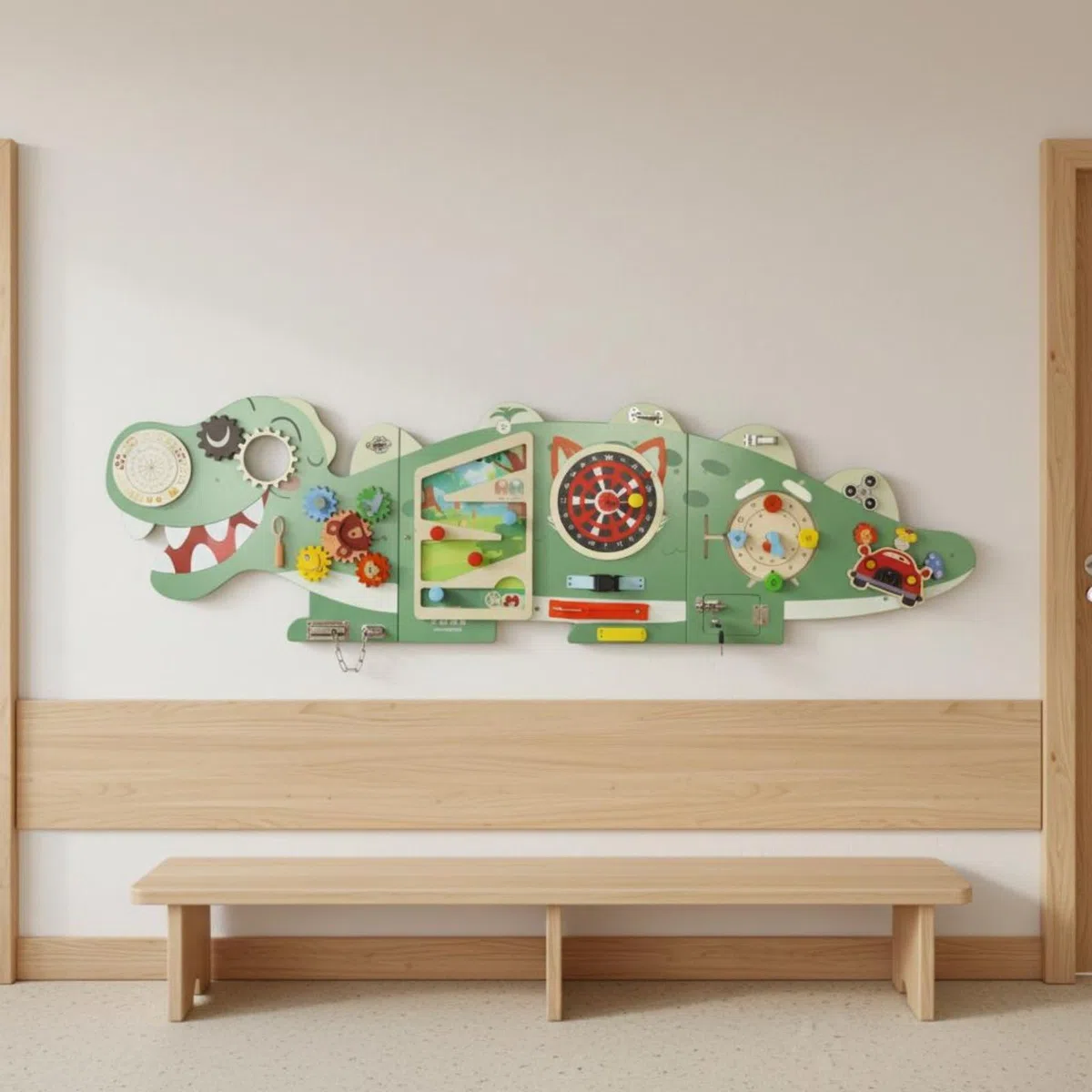 Kinder Wandspiel Dinosaurier Lernwand Busy Board Holz Aktivitätszentrum Wandlabyrinth mit Zahnrädern Riegel Drehknopf Fördert Hand Auge Koordination