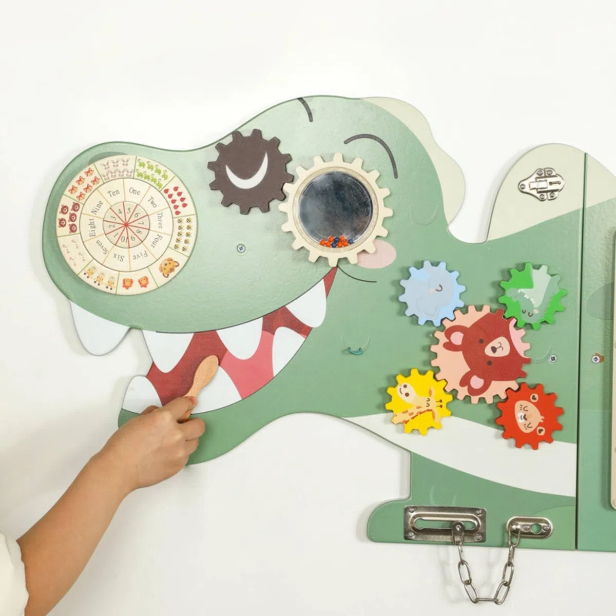 Kinder Wandspiel Dinosaurier Lernwand Busy Board Holz Aktivitätszentrum Wandlabyrinth mit Zahnrädern Riegel Drehknopf Fördert Hand Auge Koordination